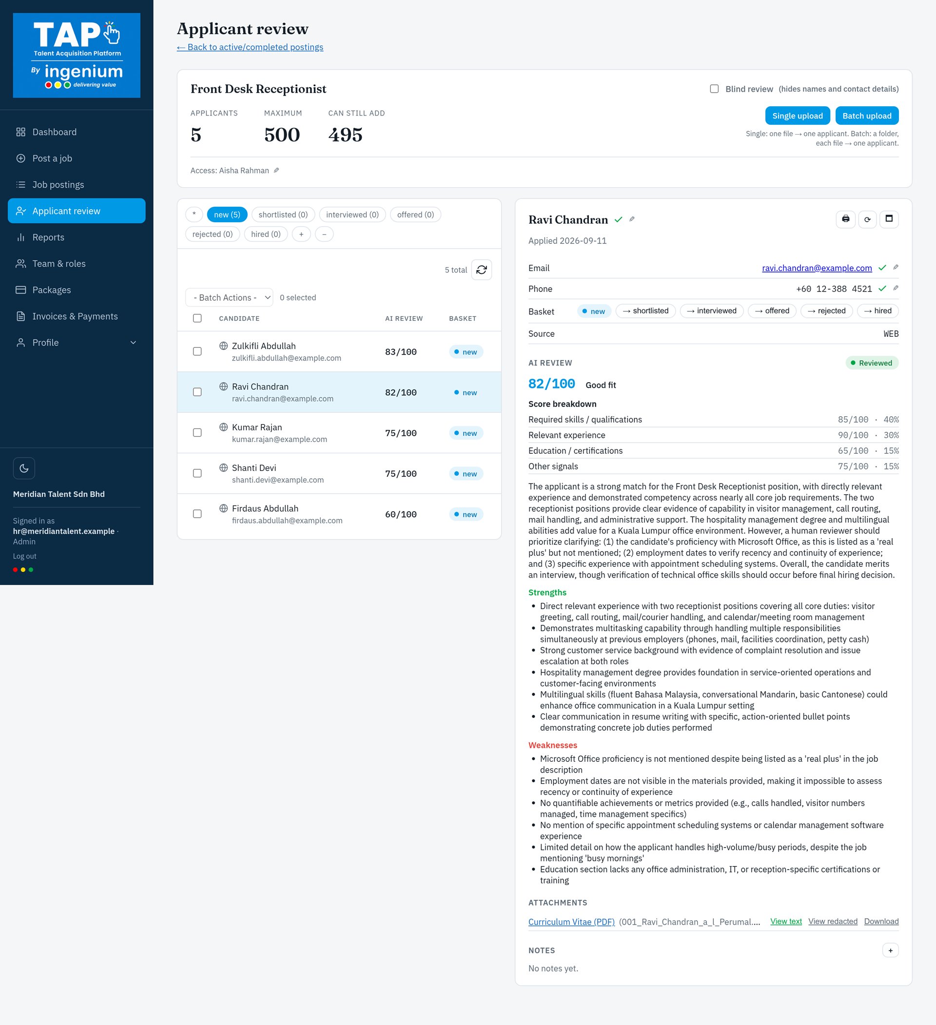 TAP applicant review screen: candidates auto-ranked by AI score with a full score breakdown, strengths and weaknesses