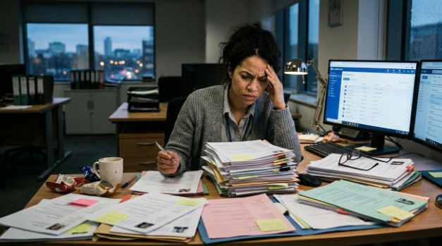 An HR professional buried under a stack of CVs and paperwork, working late at the office